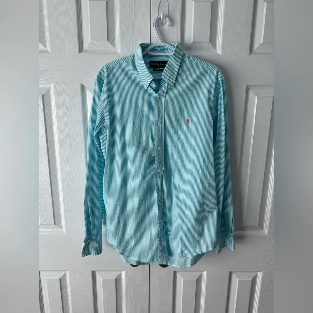 Polo Ralph Lauren Teal White Striped Button Down Dress Shirt L Pink Pony Florida